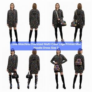Love Moschino Oversized Multi-Color Logo Printed Mini Hoodie Dress Size 2